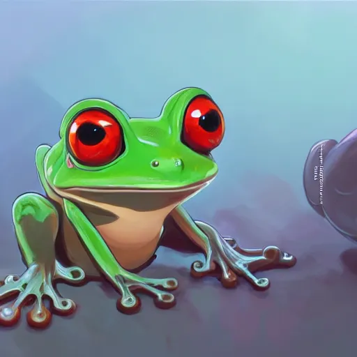 Image similar to wide shot of many cute frogs. Alexandra Fomina artstation, Ilya kushinov, by Renato Muccillo, Andreas Rocha, James Gurney, guillaume tholly, Gthl.art, Makoto Shinkai, Miyazaki, Breath of the wild, Simon Stålenhag, studio ghibli. Trending on ArtStation. award winning, digital 2D, painterly style, flat Illustration, high contrast