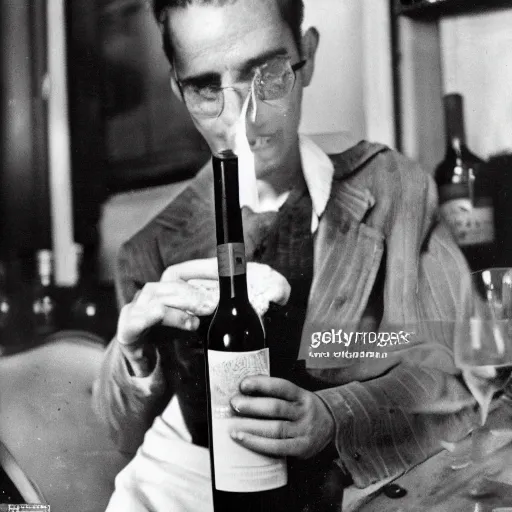 Image similar to a frenchman with a baguette and a bottle of wine in 1 9 5 0