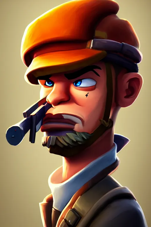 Image similar to beautiful highly detailed realistic stylized portrait of a small wacky guy with a sword, team fortress 2, fortnite, torchlight, heartstone, detailed character art, portrait, trending on artstation