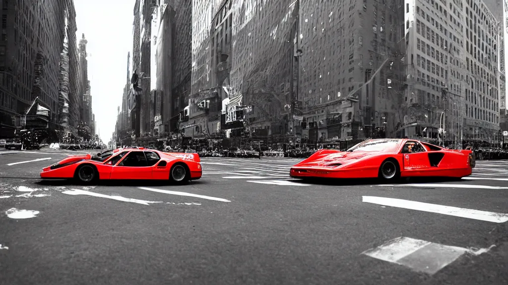 Prompt: One Ferrari 512 races down fifth Avenue in New York City, motion blur, dusk, highly detailed and realistic photograph, no people