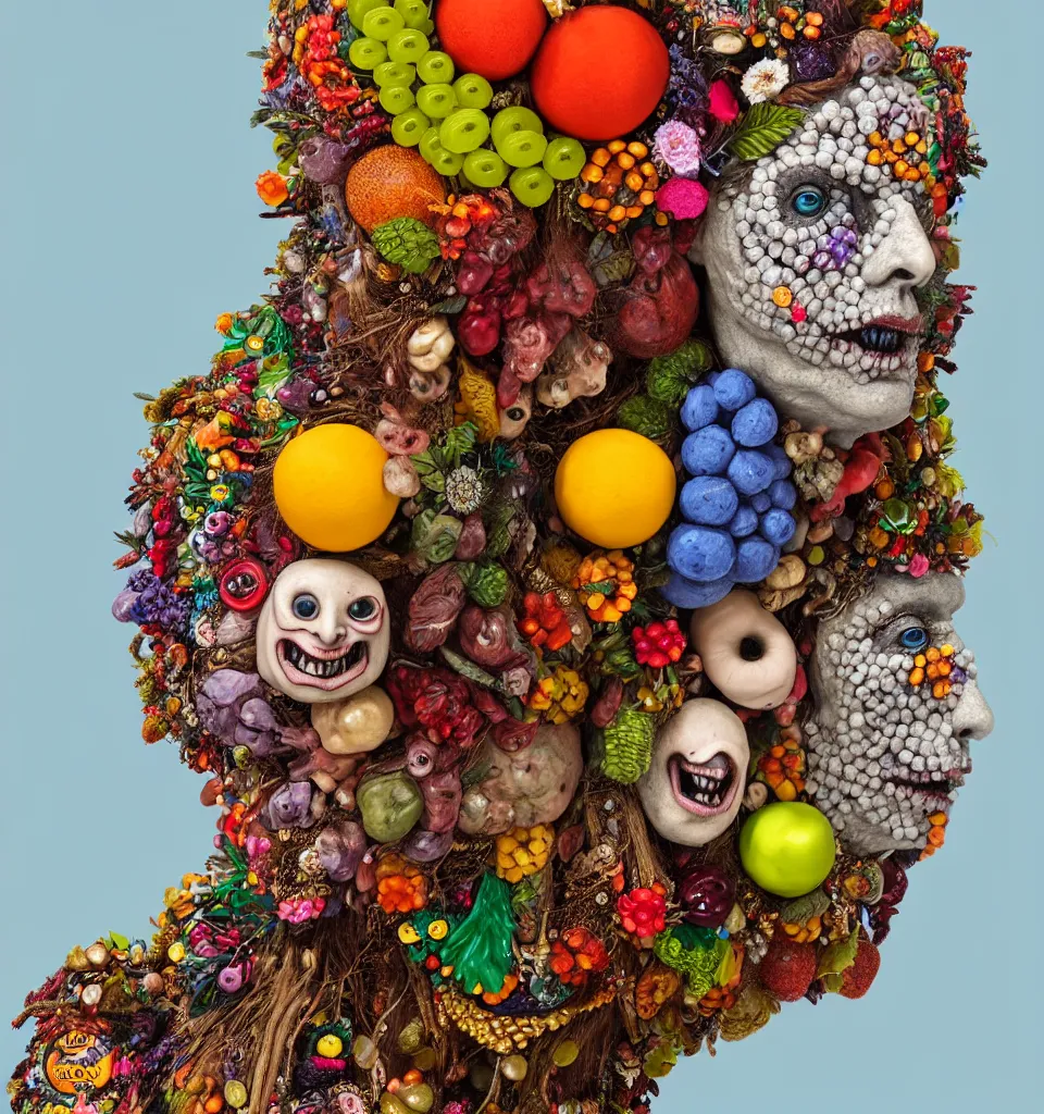 Prompt: portrait headshot of a scary nature spirit, head made of fruit gems and flowers in the style of arcimboldo, ashley bickerton, fragonard, photorealistic, dynamic lighting, action figure, clay sculpture, claymation, dull blue cloudy background,