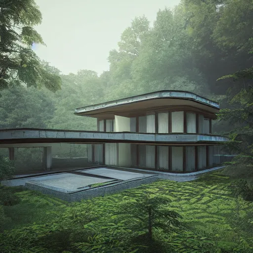 Image similar to modernist house inspired by tibetan palace, built with atrium in the middle, on a hill surrounded by big trees, dramatic lighting, artstation, realistic rendering, unreal engine, octane render, raphael lacoste, simon stalenhag, frank lloyd wright, helicopter view