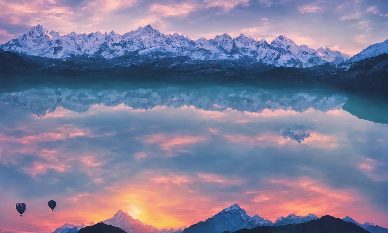 Prompt: breathtaking himalayan landscape, pastel sunset, lake, realistic reflections, pine trees, hot air balloon, last light on a mountain top, dreamy colors, photorealistic, landscape photography, beautiful, 4 k, trending on artstation, serene, blissful, national geographic