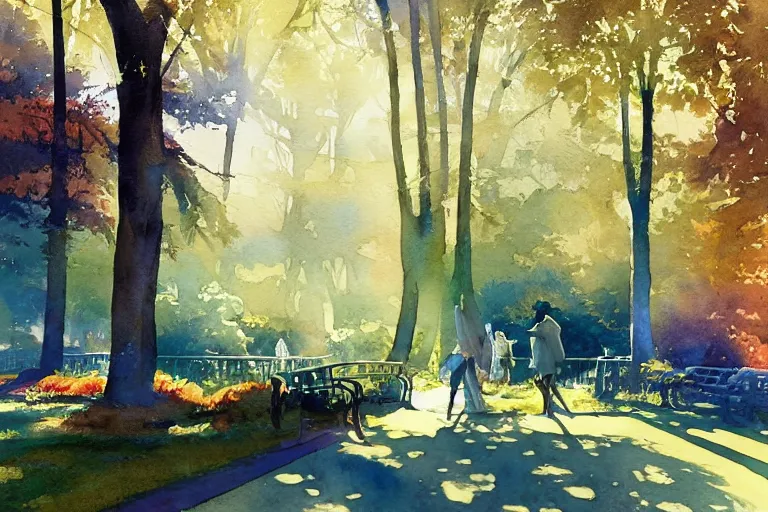 Image similar to small centered on watercolor paper, paint brush strokes, abstract watercolor painting of city park, daylight, shadows, foliage, sunlight, translucent leaves, cinematic light, national romanticism by hans dahl, by jesper ejsing, by anders zorn, by greg rutkowski, by greg manchess, by tyler edlin