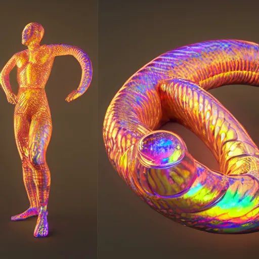 Image similar to a human form, made of pure digital light, encircled by a giant iridescent serpent, hyper detailed, ultra fine colored inking lines, arnold render, 4 k extremely photorealistic