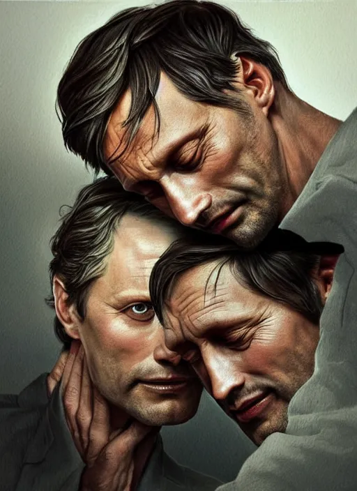 Prompt: close up portrait of Mads Mikkelsen!!! and Hugh Dancy!!! holding hands romantically as they chaperone school dance by ((Zdzislaw Beksinski)), Michael Whelan, Bob Larkin and Tomer Hanuka, simple illustration, domestic, nostalgic, clean, Matte painting, trending on artstation and unreal engine, New Yorker magazine cover