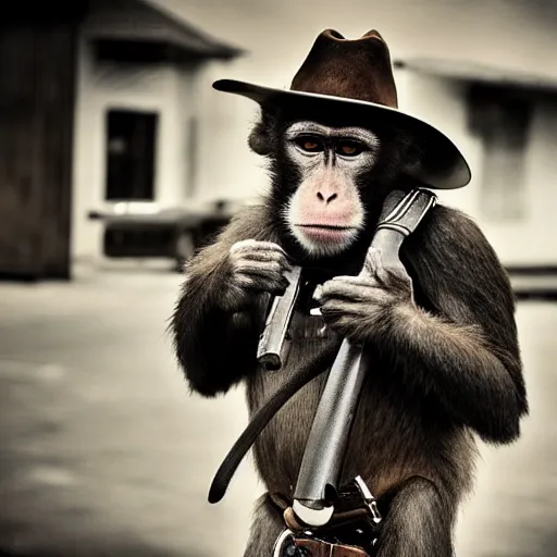 Image similar to realistic photo, a monkey holding a gun dressed as a cowboy, post apocalyptic city, award winning photograph, photograph 5 5 mm