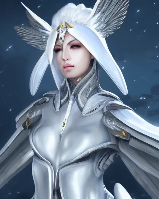 Image similar to perfect white haired attractive egyptian goddess with huge white dove wings, warframe armor, beautiful, symmetric, dreamy, half asian, pretty face, blue eyes, detailed, scifi platform, laboratory, experiment, 4 k, ultra realistic, epic lighting, android body, illuminated, cinematic, masterpiece, art by akihito tsukushi, voidstar