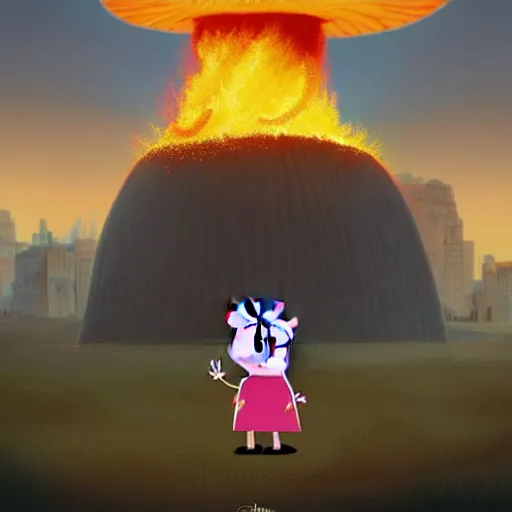 Image similar to Peppa Pig plays in front on a large nuclear explosion that has created a large nuclear mushroom and is totally oblivious to the fact that the city is in flames and everyone die. Elegant, intricate, digital painting, artstation, concept art, smooth, sharp focus, illustration, art by artgerm and greg rutkowski and alphonse mucha