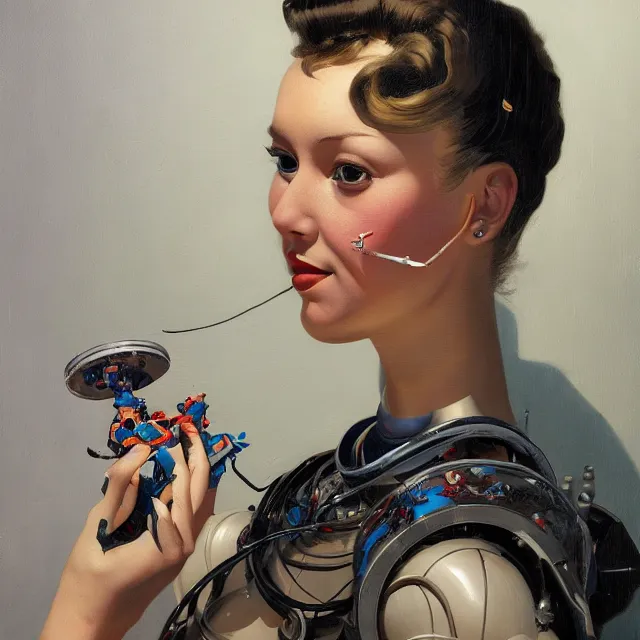 Image similar to robot artist painting a self - portrait on a canvas. intricate, highly detailed, digital matte painting in the style of gil elvgren and in the style of sachin teng and in the style of h. r. giger. irony, recursion, inspiration.