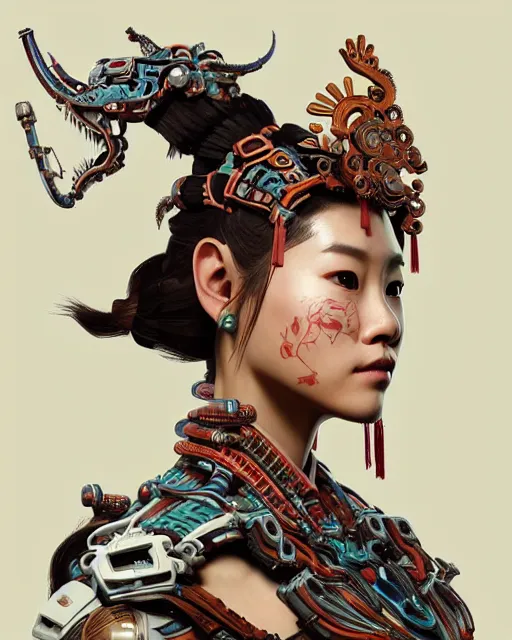 Image similar to portrait of a machine from horizon zero dawn, machine face, upper half portrait, decorated with chinese opera motifs, asian, bian lian, traditional chinese art, intricate, elegant, highly detailed, digital painting, artstation, concept art, smooth, sharp focus, illustration, art by artgerm and greg rutkowski and alphonse mucha, 8 k