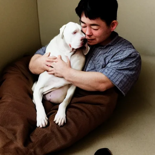 Image similar to portrait of tired white pitbull puppy curled up on a japanese man's lap, highly detailed, cozy aesthetic, fukaya yuichiro