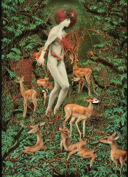 Image similar to photo of a pagan nymps dancing with fawns having a profound lifechanging psychedelic experience in a deep thorns bones bloody forest , by and Austin Osman Spare and Takato Yamamoto and Vania Zouravliov, high resolution, rendered in octane 3d