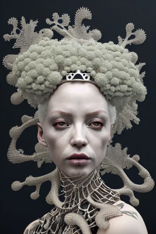 Image similar to complex 3 d render, hyper detailed ultrasharp beautiful biomechanical mandelbrot fractal steampunk filigree mesh wire female cyborg portrait with a porcelain profile face, albino afro, elegant crown with big hydrangea foliage leaves stems roots, alexander mcqueen haute couture, art nouveau fashion, octane render, 8 k