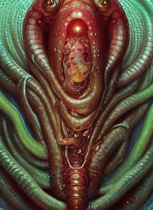 Image similar to far, full body shot of elon musk as slimy mollusk character, drool, wide angle, intricate, elegant, highly detailed, digital painting, artstation, concept art, wallpaper, smooth, sharp focus, illustration, art by artgerm and greg rutkowski and h. r. giger and alphonse mucha