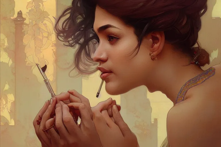 Image similar to Anxious good looking pale young Indian doctors smoking, portrait, elegant, intricate, digital painting, artstation, concept art, smooth, sharp focus, illustration, art by artgerm and greg rutkowski and alphonse mucha