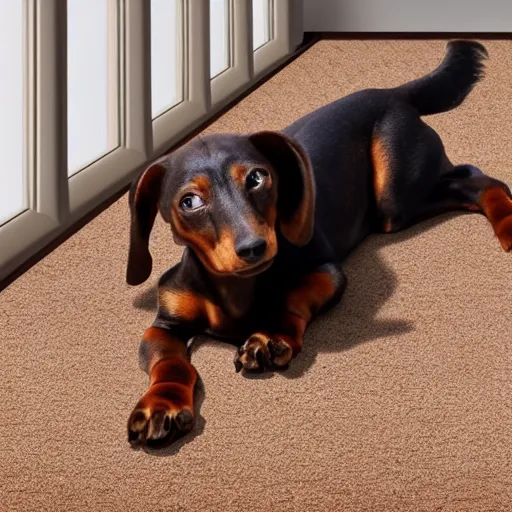 Prompt: dachshund brown dog laying on carpet floor in a beam of sunlight coming through window in a dark room, photo, realistic