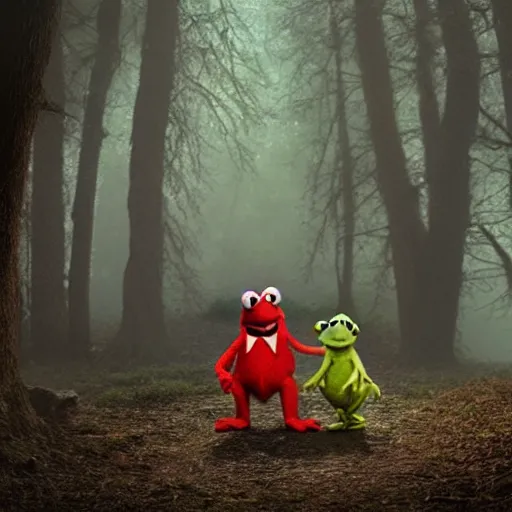 Image similar to demonic muppets in magical forest, kermit, miss piggy, gonzo, dark atmosphere, soft lighting, high detail, 8 k