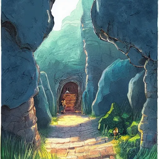 Image similar to beautiful painting of Entrance to a dungeon at the base of an ancient mountain in the morning light, in the style of Studio Ghibli, by Hayao Miyazaki