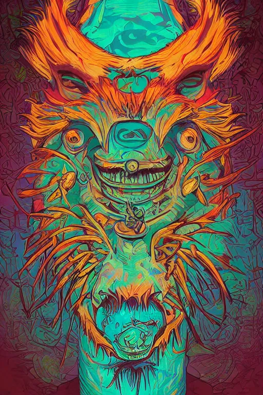 Image similar to totem animal tribal chaman vodoo mask feather gemstone plant wood rock video game illustration vivid color borderlands by josan gonzales and dan mumford radiating a glowing aura