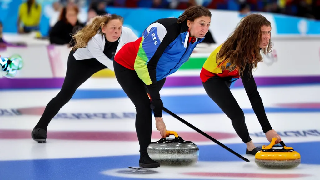 Image similar to a neanderthal participating in the olympics 2 0 2 4, posing for curling