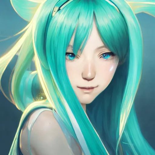 Prompt: perfectly-centered-Portrait of Hatsune Miku, intricate, highly detailed, digital painting, artstation, concept art, smooth, sharp focus, illustration, Unreal Engine 5, 8K, art by artgerm and greg rutkowski and alphonse mucha