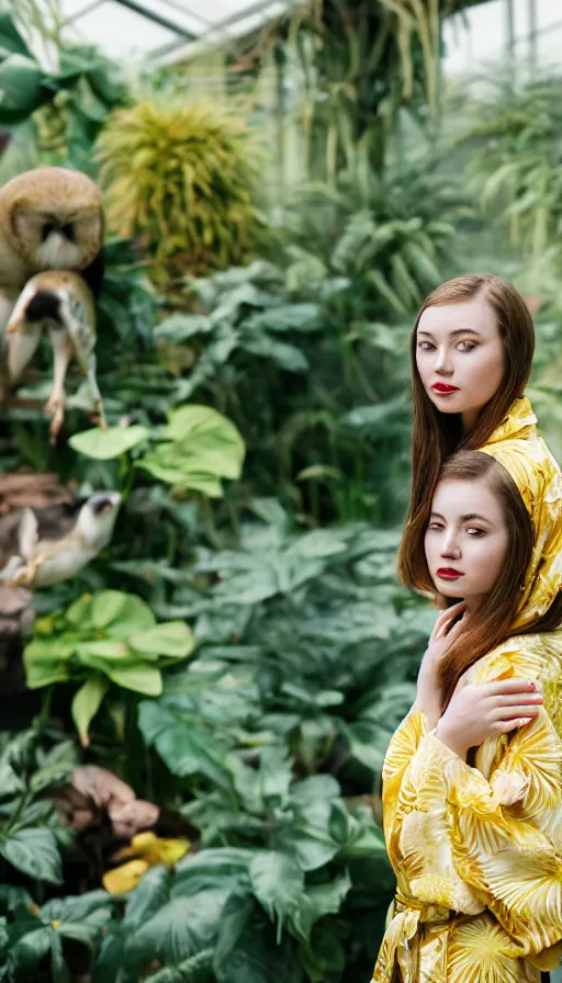 Prompt: Medium format photo of a beautiful young woman wearing a yellow kimono in a tropical greenhouse with a very detailed barn owl on her shoulder, 85mm f1.8, bokeh