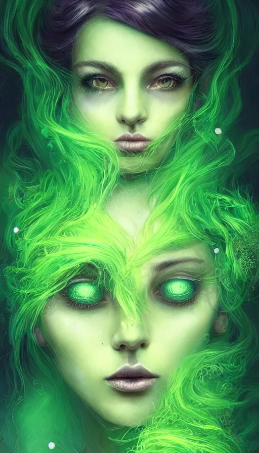 Image similar to unique portrait of magical green ork female , dark fantasy, gradient green black, dreamy and ethereal, (colour) eyes, one head, golden ratio, peaceful expression, ornate frilly dress, fantasy, intricate, elegant, rainbow bubbles, highly detailed, digital painting, artstation, concept art, smooth,b sharp focus, illustration, art by artgerm and greg rutkowski and alphonse mucha