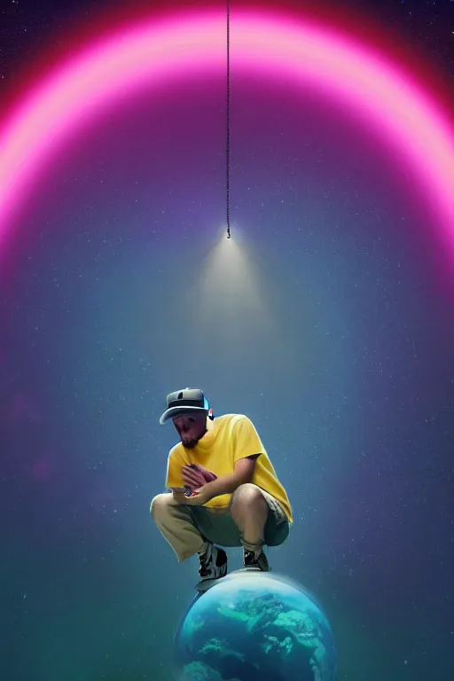 Image similar to Mac Miller playing music in Heaven while looking down on planet earth from above, Heavenly, Hellish, Divinity, Hope, Ethereal, Symmetry, Atmospheric Lighting, artstation trending, good versus evil, ladders, angelic, the divine feminine, Most Dope, Rendered in Octane, trending on artstation, cgsociety, moody lighting rendered by octane engine, environment 8K artstation, cinematic lighting, intricate details, 4k detail post processing, hyperealistic, octane render, photo realism ultra detailed cinematic