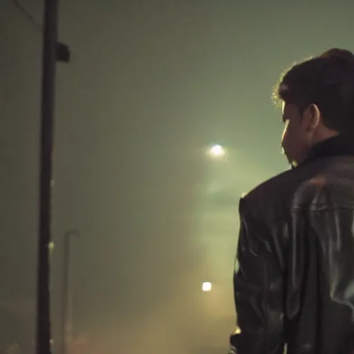Prompt: movie shot of young man from back pacing lowering head dressed in short leather bomber jacket to empty narrow alley with street lamps in park with pines to the horizon, with hands in pockets, snowfall at night, mullet long haircut, black hairs, cinematic, dramatic, detailed, realistic, movie shot, low lighting