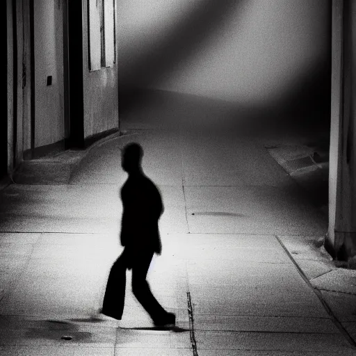 Image similar to an abstract photograph of a lonely male shadowy figure, there is a dark street with lanterns reflected on the ground, underwater, motion blur, 35 mm, black-and-white