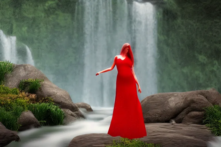 Image similar to a woman in a red dress is standing under the waterfall, post apocalypse, green everywhere, 4k, ultra details, cinematic, epic style, beautiful photo, hyper realistic, octane render, unreal engine, award winning, on artstation, volumetric lightning, masterpiece, golden hour,