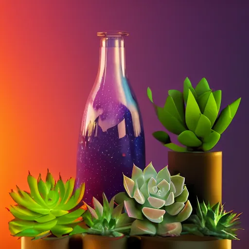 Image similar to Octane render of a cosmic bottle filled with succulents floating in space