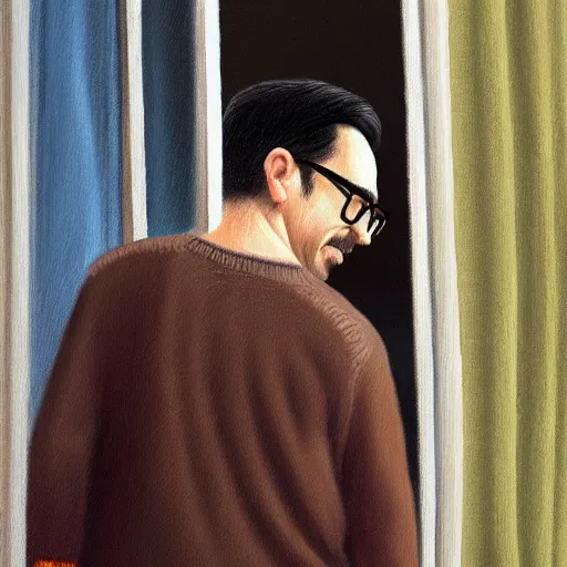 Image similar to An Oil Painting of the back view of Rivers Cuomo in a sweater with long hair and a mustache sweating bullets as he looks outside his window in front of him in his apartment to see kim jong un's nukes falling onto the city, hyperrealistic, extremely realistic, highly realistic, HD Quality, 4k resolution, 8k resolution, Detailed, Very Detailed, Highly Detailed, Extremely Detailed, Intricate Details, Real, Very Real, Oil Painting, Digital Painting, Painting, Trending on Deviantart, Trending on Artstation