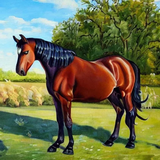 Image similar to A very beautiful painting of a horse next to a cottage