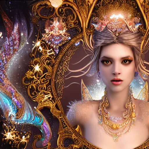 Prompt: portrait of mermaid princess, glowing, ornate and intricate jewelry, jaw dropping beauty, glowing background lighting, white accent lighting, hyper detailed, fairy tale, 4 k octane render