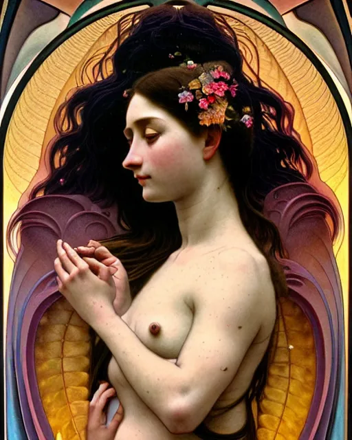 Image similar to portrait of a nature goddess, filled with nebulas, unusual beauty, emotionally evoking symbolic metaphors, head in focus, fantasy, ornamental, intricate, elegant, highly detailed digital painting, artstation, concept art, painterly, golden ratio, sharp focus, illustration, art by John William Godward and Alphonse Mucha and Zdzisław Beksiński,