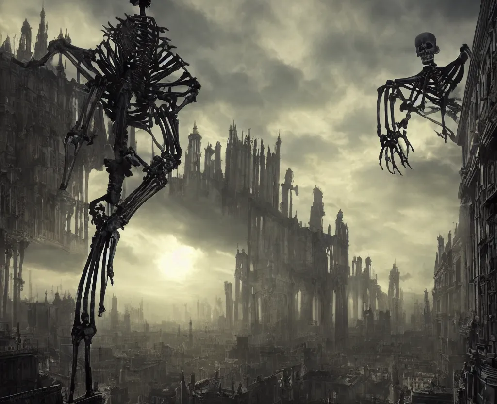 Prompt: silhouette of a skeleton above a victorian city, epic painting, dark fantasy, octane render, extremely detailed