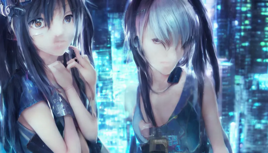 Image similar to cute anime girl in a cyberpunk city by wlop, detailed eyes, heterochromia, closeup, short minidress, light clothing, light rain, hyper real, detailed digital art, hatsune miku, photorealistic