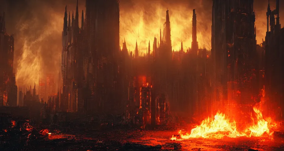 Prompt: a cyberpunk medieval gothic dark-ages city, rich contrast, fire-twister, fire-tornado, lava-twister, feeling of grimdark and gothic horror, explosions and fire, hyperrealistic, octane render, unreal engine, Cryengine 8k UHD
