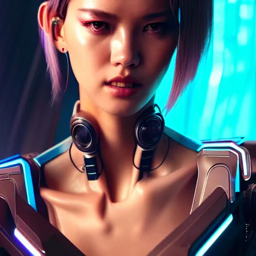 Prompt: medium shot, beautiful digital painting of lalisa with cybernetic implants with high detail, ( cyberpunk 2 0 7 7, mass effect, bladerunner 2 0 4 9 ), environment, 8 k, stunning detail, photo by artgerm, greg rutkowski and alphonse mucha, unreal engine 5, 4 k uhd