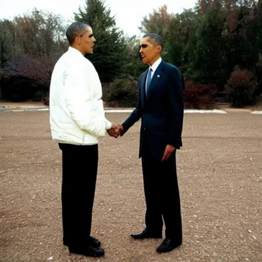 Prompt: press photo of Obama shaking hands with Walter White