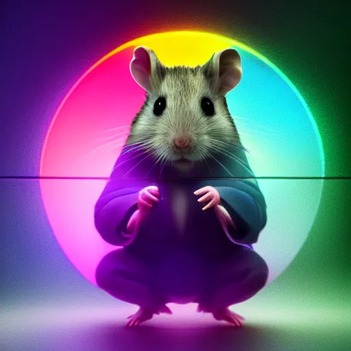 Image similar to cyberpunk hamster! holding rainbow! gem! crystal, neon lights, light reflection, 8 k, hd