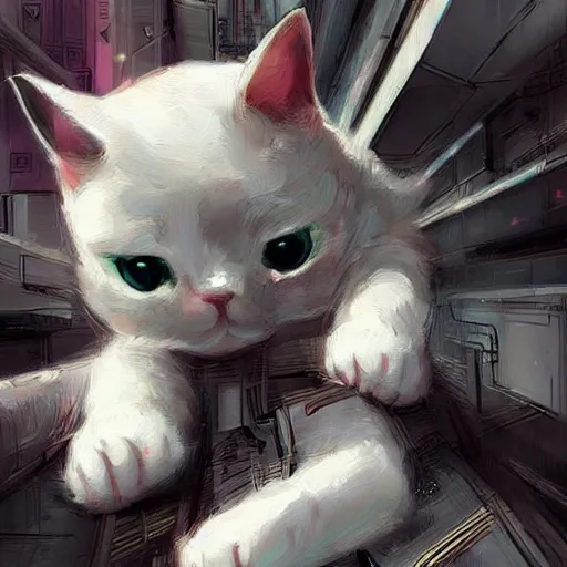 Image similar to a cute white cat art, epic cyberpunk art