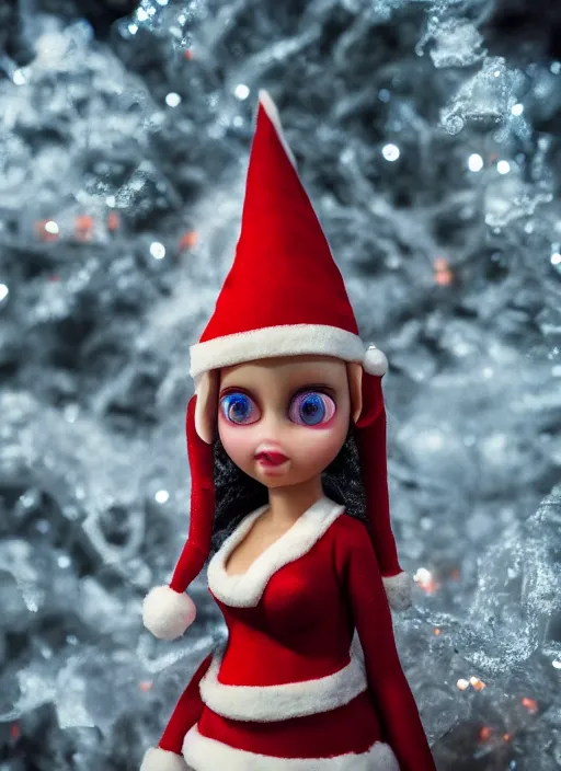 Image similar to closeup profile portrait of tin toy santa elf snow bikini girl, depth of field, zeiss lens, detailed, symmetrical, centered, fashion photoshoot, by nicoletta ceccoli, mark ryden, lostfish, breathtaking, 8 k resolution, extremely detailed, beautiful, establishing shot, artistic, hyperrealistic, octane render