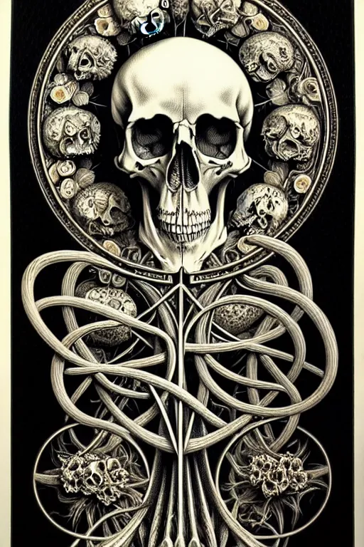 Image similar to detailed realistic memento mori lithograph by cameron gray and ernst haeckel, gothic ornament, skulls, bones, art nouveau, neogothic, ornate art nouveau botanicals, horizontal symmetry, polished