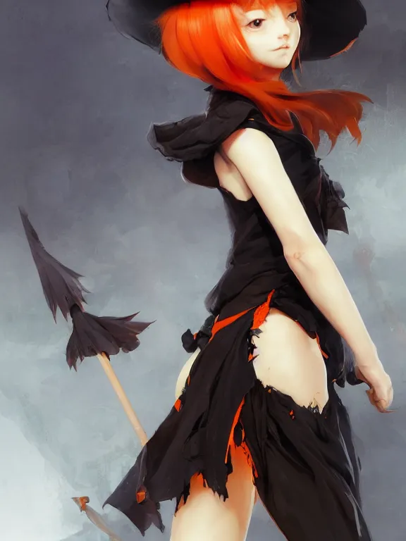 Image similar to Full shot of a cute mischievous young witch about to get up to some trouble. Black and Orange palette. By Ruan Jia and Artgerm and Range Murata and WLOP and CLAMP. Key Art. Fantasy Illustration. award winning, Artstation, intricate details, realistic, Hyperdetailed, 8k resolution.