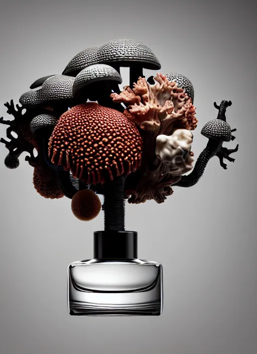 Prompt: perfume bottle surrounded sitting on a biomechanical black corals table made of corals, mushrooms, puffballs, rhizomorphs in an ivory room well contoured smooth fair walls, up close shot, sharp focus, global illumination, radiant light, alexandre ferra white mecha, irakli nadar, octane highly render, 4 k, ultra hd,