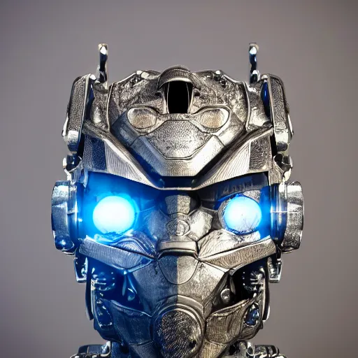 Prompt: Ultra-detailed cinematic render of a macro mecha cyborg face, cyborg eyes, sapphire and silver, intricate details, full body, torso, hands, wires, unreal engine, frontal view, dragon armor, intricate, octane render, high quality, ornate gems, 8k, by takeshi yoshida, volumetric lighting, person centered composition, trending on art station
