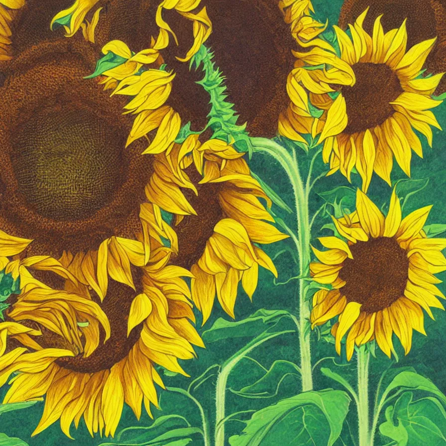 Prompt: Artwork illustrating two sunflowers that are in love with one another.